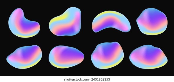 Set of colorful gradient iridescent shapes. Bright multicolor liquid elements, shimmering colors. Collection of bright fluid splashes isolated. Liquids of dynamical forms. Modern vector illustration