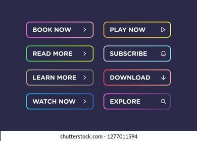 Set of colorful gradient outline clean vector style buttons with modern material. Different icons on dark blue forms with shadows