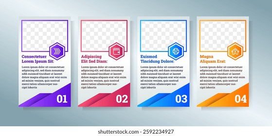 Set colorful gradient photo frame infographic design, four step with icon. Business infographic template. Vector illustration with shadow effect