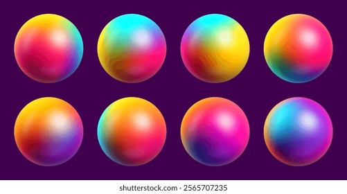 Set of colorful gradient spheres with vibrant and vivid rainbow hues for creative digital artwork designs. Colorful glossy spheres set with blurred colors for creative projects. Vector illustration