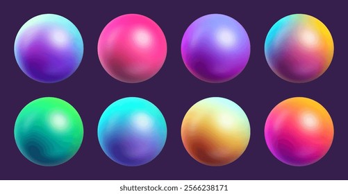 Set of colorful gradient spheres with vibrant and vivid glossy finish for creative digital artwork designs. Colorful polished spheres set with blurred colors for creative projects. Vector illustration