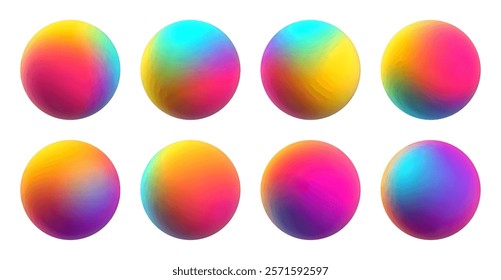 Set of colorful gradient spheres with vibrant and vivid rainbow hues for creative digital artwork designs. Colorful matte spheres set with blurred colors for creative projects. Vector illustration