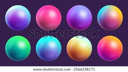 Set of colorful gradient spheres with vibrant and vivid glossy finish for creative digital artwork designs. Colorful polished spheres set with blurred colors for creative projects. Vector illustration