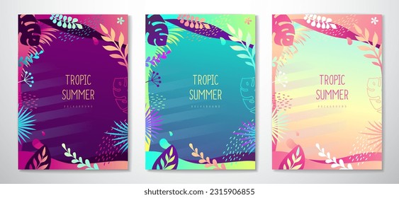 Set of colorful gradient summer banners with fluorescent tropic leaves. Summertime template collection. Vector illustration