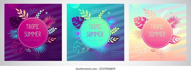 Conjunto de banderas de verano de gradiente colorido con hojas trópicas fluorescentes. Colección de plantillas en verano. Ilustración del vector
