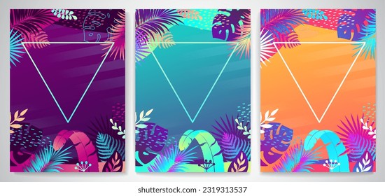 Set of colorful gradient summer banners with fluorescent tropic leaves. Summertime template collection. Vector illustration
