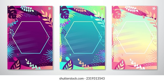 Set of colorful gradient summer banners with fluorescent tropic leaves. Summertime template collection. Vector illustration