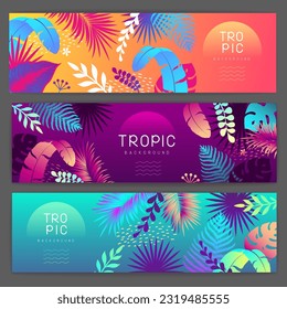 Set of colorful gradient summer banners with fluorescent tropic leaves. Summertime template collection. Vector illustration