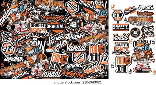 A set of colorful graffiti art sticker illustrations. Graffiti sticker design artwork