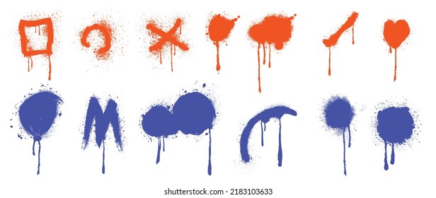 Conjunto de colorantes patrones de pulverización de graffiti. Colección de marca, símbolo, goteo, grunge, gota, spray con color naranja, azul. Elementos de fondo blanco para banner, decoración, arte callejero y anuncios.