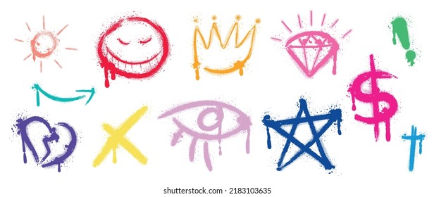 Set colorful graffiti spray pattern  Collection symbols  sun  scribble  crown  arrow  star  eye and spray texture  Elements white background for banner  decoration  street art   ads 