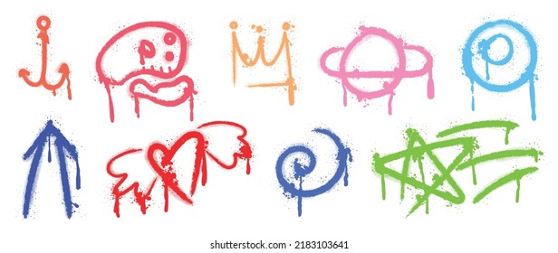 Set of colorful graffiti spray pattern. Collection of symbols, planet, scribble, crown, arrow, star, skull with spray texture. Elements on white background for banner, decoration, street art and ads.