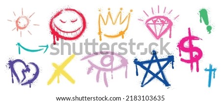 Set of colorful graffiti spray pattern. Collection of symbols, sun, scribble, crown, arrow, star, eye with spray texture. Elements on white background for banner, decoration, street art and ads.