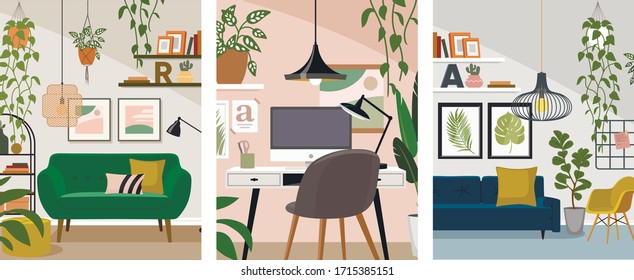 Set of colorful graphic interior design room types with furniture: living room, home office. Flat style vector illustration.