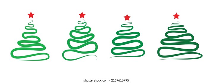 Set of colorful green Christmas trees isolated on white background with red star