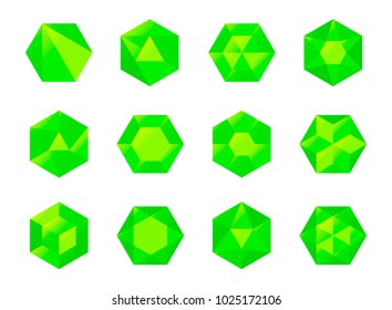 Set of colorful green isometric hexagonal gems and jewels (rubies, diamonds, brilliants, sapphires, stones) in geometry style for the game, icon or your company logo