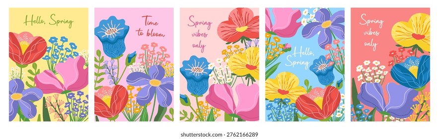 A set of colorful greeting card backgrounds with floral motifs. Spring botanical illustration with blooming plants. A vibrant collection of nature motifs. Vector.