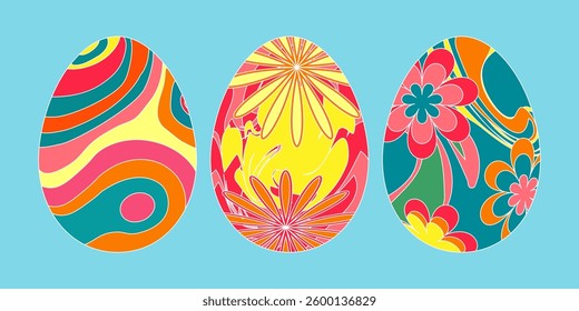 Set colorful groovy eggs with different texture Isolated Spring holiday Vector Illustration Cartoon Colored egg Paschal object collection Decorative elements Yellow pink green blue colors