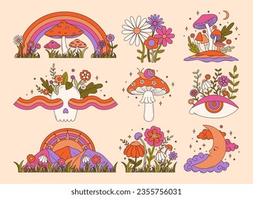 Set of colorful groovy elements in 70s and 60s style. Vintage hippie flowers, mushrooms, rainbow, sun, moon, eye. Psychedelic seventies stickers. Vector graphic design.