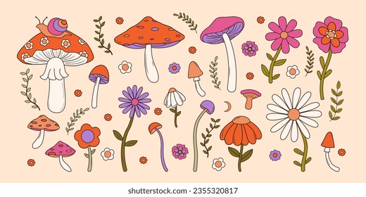 Montaje de coloridas flores y setas en estilo de los años 70 y 60. Elementos hippie vintage para afiche, tarjeta, diseño gráfico. Psicodelia stickers pegatinas. Ilustraciones vectoriales.