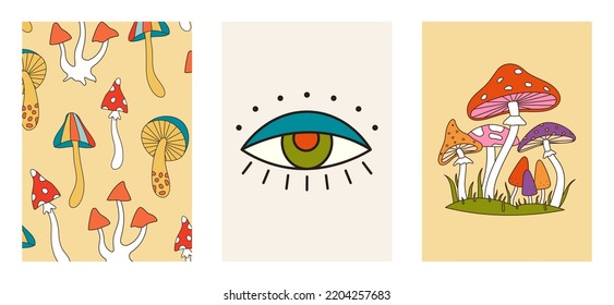 Set of colorful groovy posters in 70s and 60s hippy art style. Psychedelic mushrooms and eye for prints and cards. Vintage nostalgia vector elements