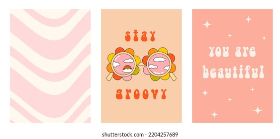 Set of colorful groovy posters in 70s and 60s hippy art style. Disco floral sunglasses, abstract waves and positive text illustrations for prints and cards. Vintage nostalgia vector elements