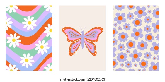 Set of colorful groovy posters in 70s and 60s hippy art style. Retro floral background, abstract waves and butterfly for prints and cards. Vintage nostalgia vector elements