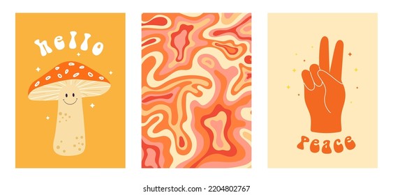 Set of colorful groovy posters in 70s and 60s hippy art style. Psychedelic mushroom, hand and abstract swirl background for prints and cards. Vintage nostalgia vector elements