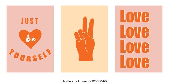 Set of colorful groovy posters in 70s and 60s hippy art style. Abstrcat peace gesture and positive phrases illustrations for prints and cards. Vintage nostalgia vector postcards