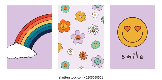 Set of colorful groovy posters in 70s and 60s hippy art style. Psychedelic rainbow, flowers and smiling face illustrations for prints and cards. Vintage nostalgia vector postcards