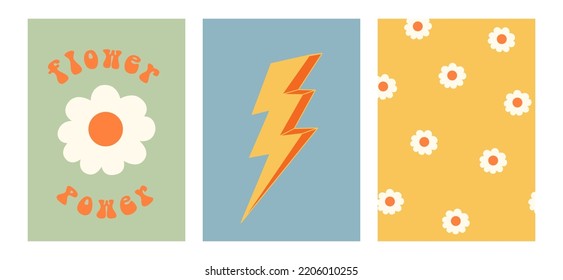 Set of colorful groovy posters in 70s and 60s hippy art style. Psychedelic flowers and lightning illustrations for prints and cards. Vintage nostalgia vector postcards