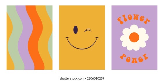 Set of colorful groovy posters in 70s and 60s hippy art style. Psychedelic rainbow waves, daisy flower and retro smiling face illustrations for prints and cards. Vintage nostalgia vector postcards