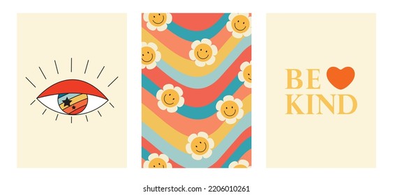 Set of colorful groovy posters in 70s and 60s hippy art style. Psychedelic eye of providence, daisy flowers and positive phrase illustrations for prints and cards. Vintage nostalgia vector postcards
