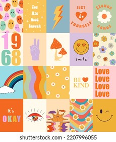 Set of colorful groovy posters in 70s and 60s hippy art style. Psychedelic flowers, emoji, mushrooms, eyes and positive phrases illustrations for prints and cards. Vintage nostalgia vector postcards