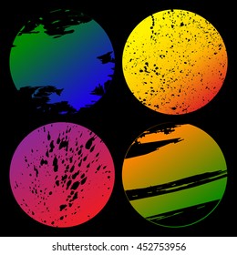 Set of colorful grunge circles shape with carved spots on black background vector illustration. Abstract stamps