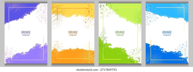 Conjunto de marcos grunge de colores con textura afligida sobre fondo blanco. Puntos de semitono. Diseño de Plantilla para redes sociales, portadas, marcos de fotos. Ilustración vectorial.