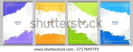 Set of colorful grunge frames with distressed texture on white background. Halftone dots. Template design for social media, covers, photo frames. Vector illustration.