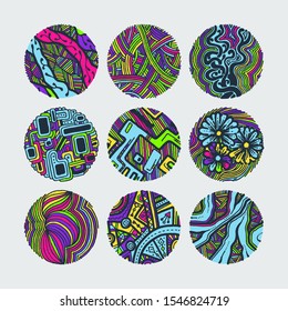 Set of colorful grunge halftone drawing textures. Random doodle circles. Vector illustration