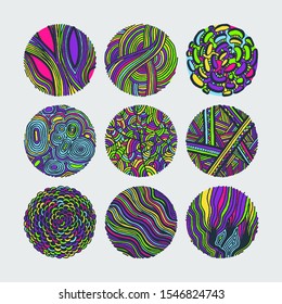 Set of colorful grunge halftone drawing textures. Random doodle circles. Vector illustration