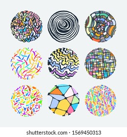 Set of colorful grunge halftone drawing textures. Random doodle circles. Vector illustration