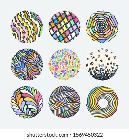 Set of colorful grunge halftone drawing textures. Random doodle circles. Vector illustration