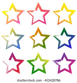 Set of colorful grunge hand drawn stars on white background vector illustration. Hand drawn brush stroke