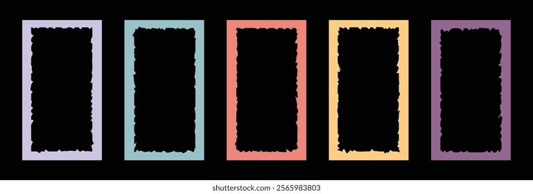 Set of colorful grunge overlay texture frame, torn paper effect or dirty paint brush stroke background. Vector grunge border, distressed banner and watercolor layout. Grunge frame.