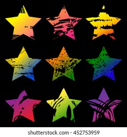 Set of colorful grunge stars shape with carved spots on black background vector illustration. Abstract stamps. 