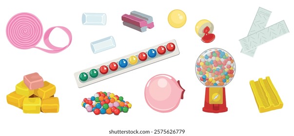 Set of colorful gummies in cartoon style. Vector illustration of different sweets with chewing gum in packages with different flavors on white background.