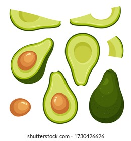 Set aus farbenfroher Hälfte, Scheibe und ganz frisches Avocado. Veganische Veganer-Symbole in einem trendigen Cartoon-Stil. Konzept für gesunde Ernährung