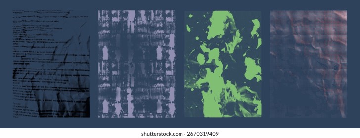 Conjunto de coloridas texturas abstractas de semitono. Líneas ásperas, sellos, pintura, salpicaduras de tinta, manchas, página de papel arrugado, puntos afligidos. Decoración aislada del Vector, Plantilla del cartel, superficie atrevida del estilo retro