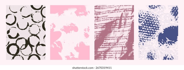 Set of colorful halftone abstract textures. Rough lines, stamps, paint, ink splashes, spots, crumpled paper page, distressed dots. Isolated vector decoration, poster template, bold retro style surface