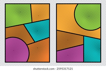 Set of colorful halftone comic manga book template. Pop art background with halftone frames and dot effects