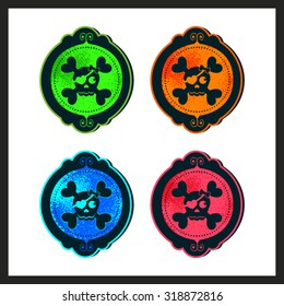 Set of colorful Halloween cameos in vector format. Neon skull and crossbones in ornate frames.